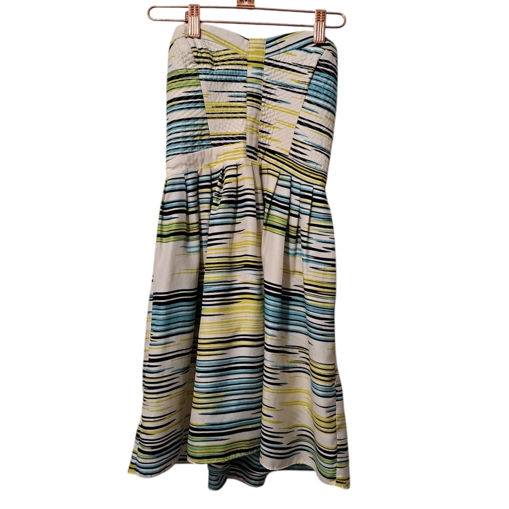*Devlin Strapless Cream, Turquoise, Green Print Corset Style Bodice Dress Small